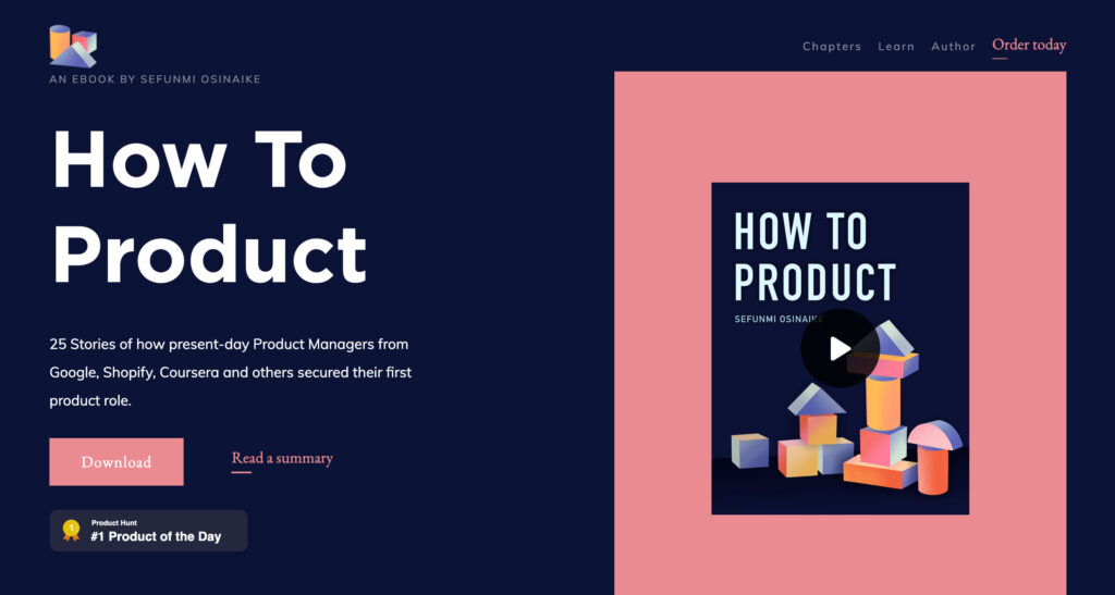 How to Product book website screenshot